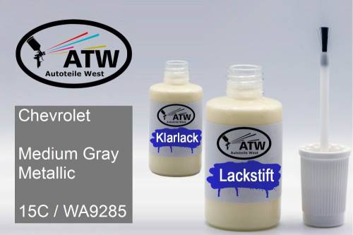 Chevrolet, Medium Gray Metallic, 15C / WA9285: 20ml Lackstift + 20ml Klarlack - Set, von ATW Autoteile West.